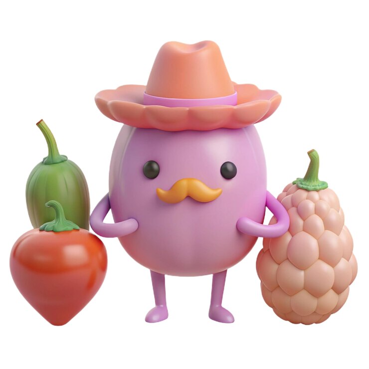 PSD un personaggio viola con un cappello rosa e un mucchio di frutta