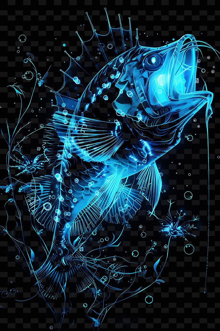 PSD un pesce blu con uno sfondo blu e le parole " pesce " sul fondo