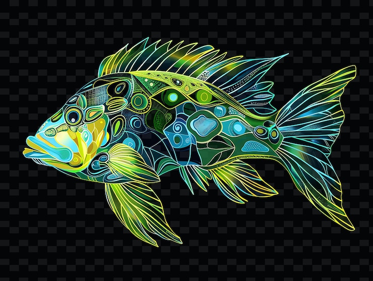 PSD un pesce con motivi colorati sulla testa è mostrato in un'illustrazione colorata