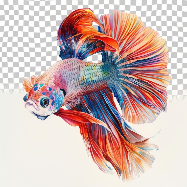 PSD un pesce con piume colorate è mostrato su uno sfondo bianco