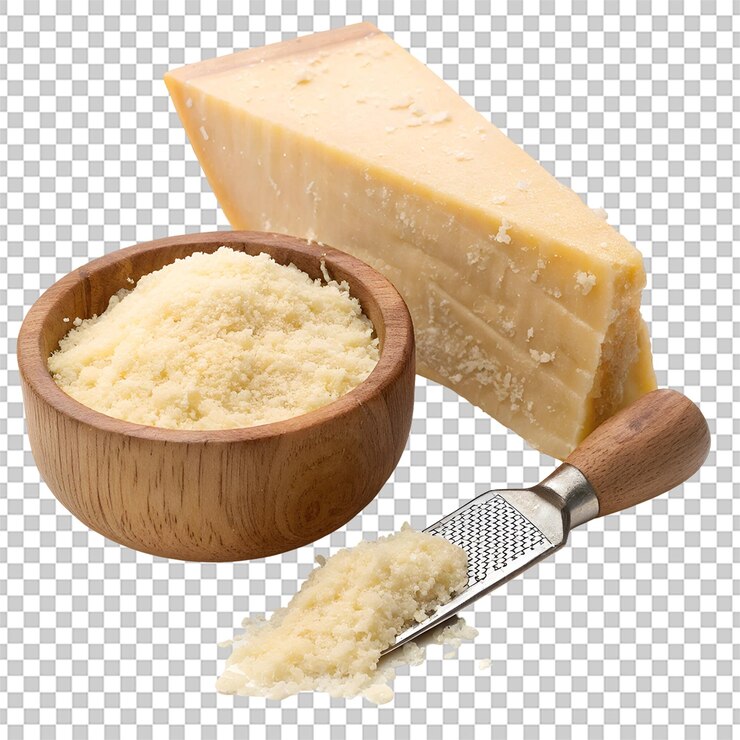 PSD un pezzo di coltello per formaggio parmigiano e formaggio grattugiato in una ciotola di legno isolato su uno sfondo trasparente