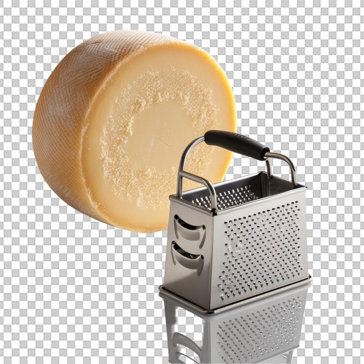 PSD un pezzo di formaggio parmigiano e una gratta isolata su uno sfondo trasparente