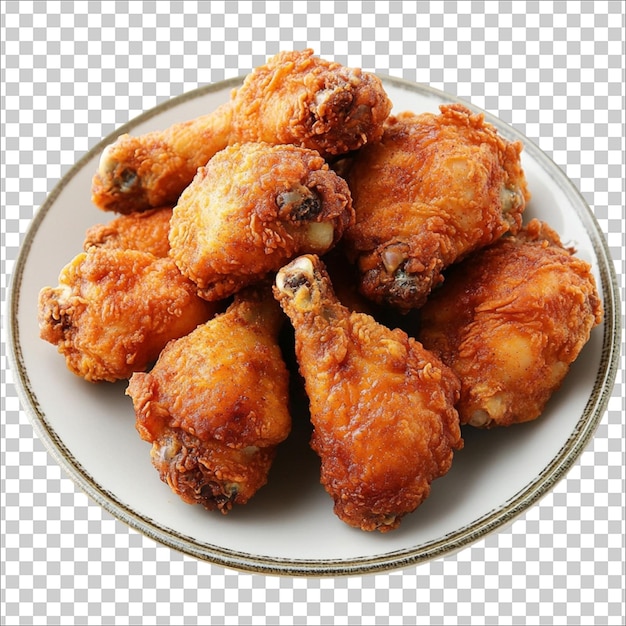 un piatto bianco con ali di pollo e un contenitore bianco con uno sfondo trasparente