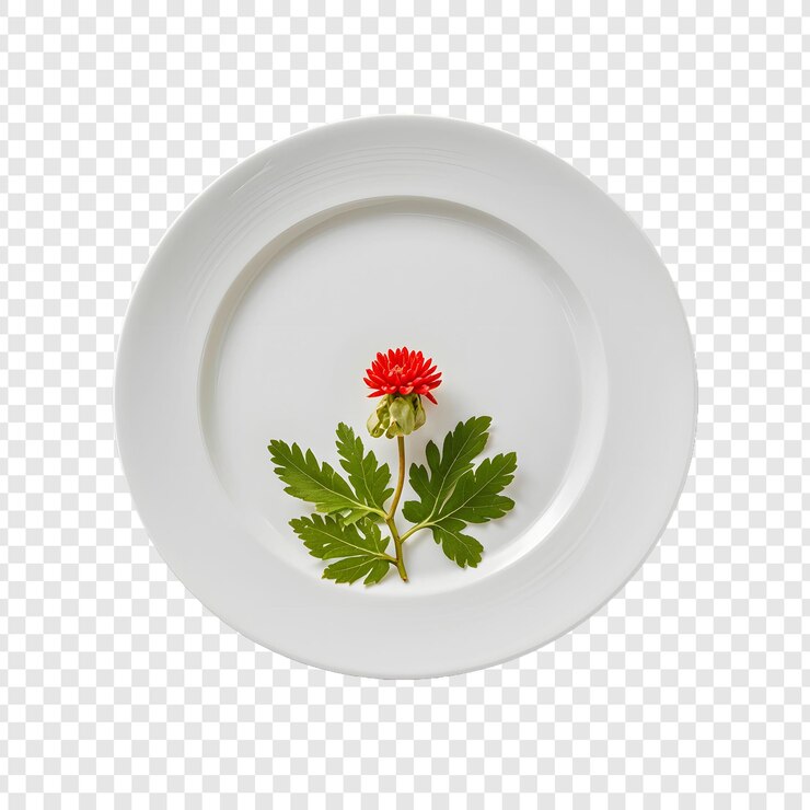 PSD un piatto bianco con un fiore rosso e una foglia verde