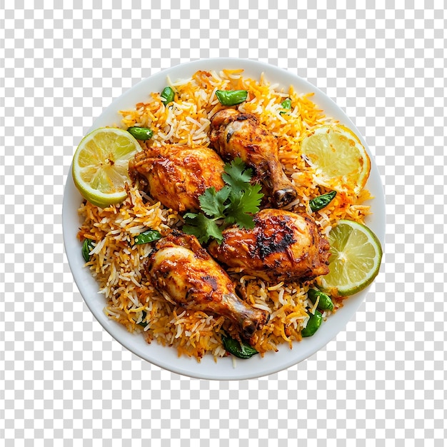 un piatto di cibo con pollo, riso e fette di limone