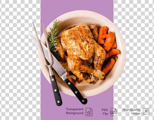 Un piatto di cibo con un pollo e verdure su uno sfondo trasparente