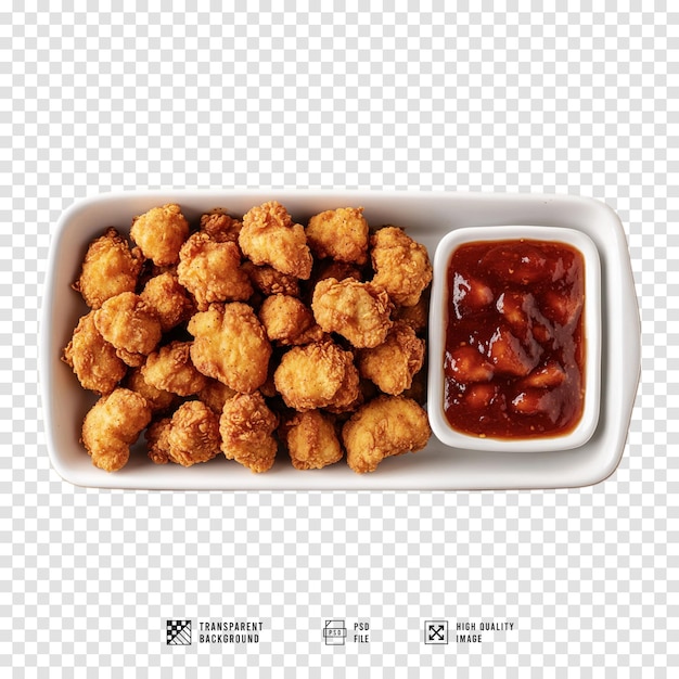 un piatto di cibo fritto con una tazza di ketchup sopra