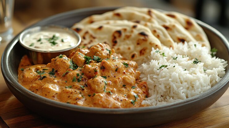 PSD un piatto di cibo indiano con pollo cremoso, curry, riso bianco e pane naan