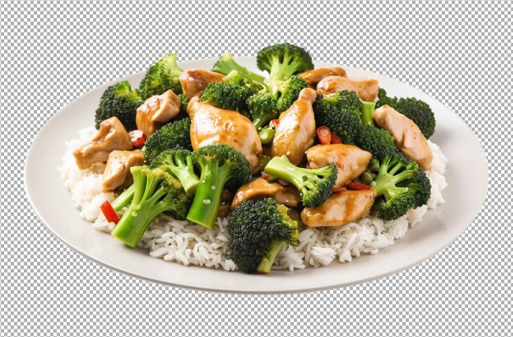 Un piatto di delizioso pollo e broccoli fritti, pieno di sapore.
