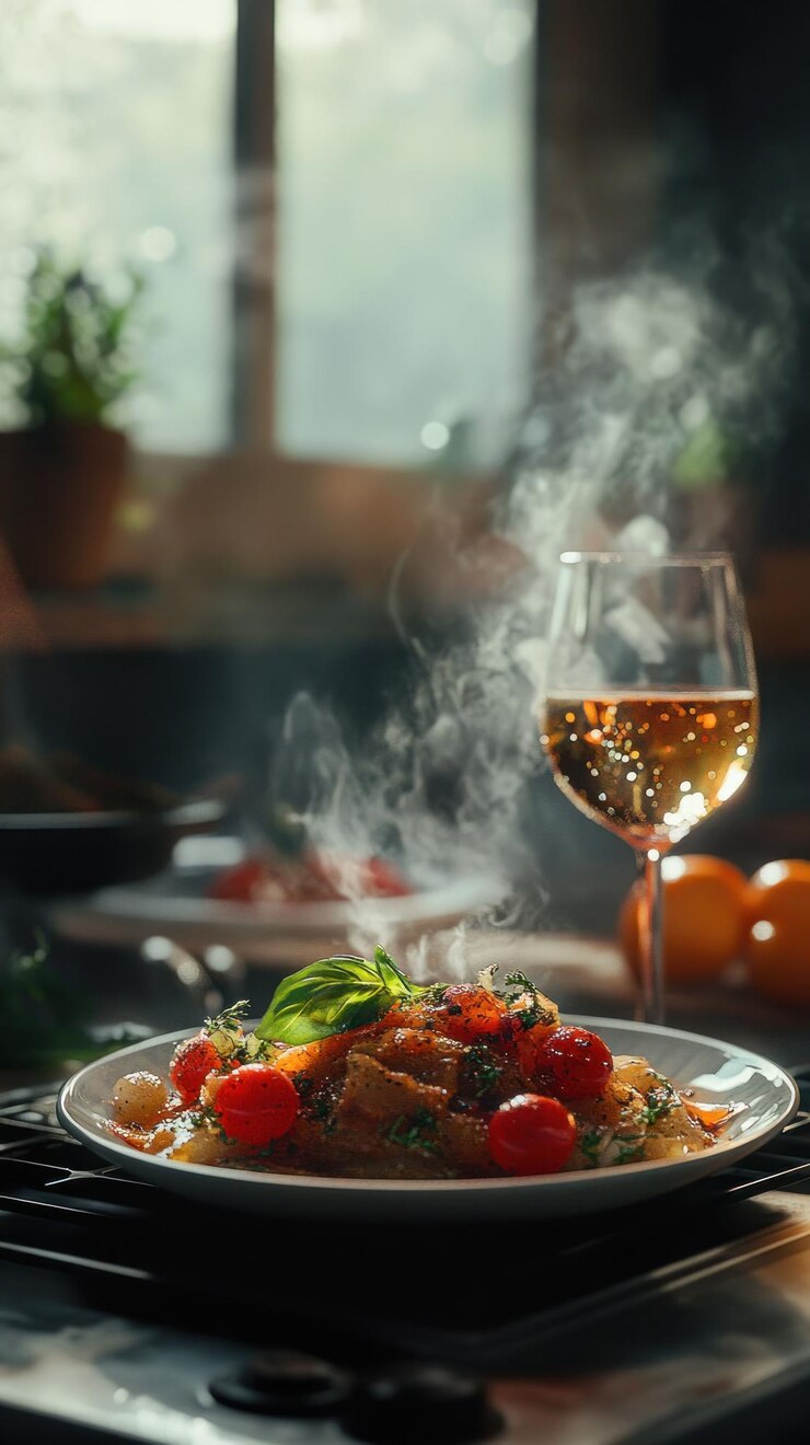 PSD un piatto di pasta al vapore con pomodori cherry e un bicchiere di vino bianco sul bancone della cucina