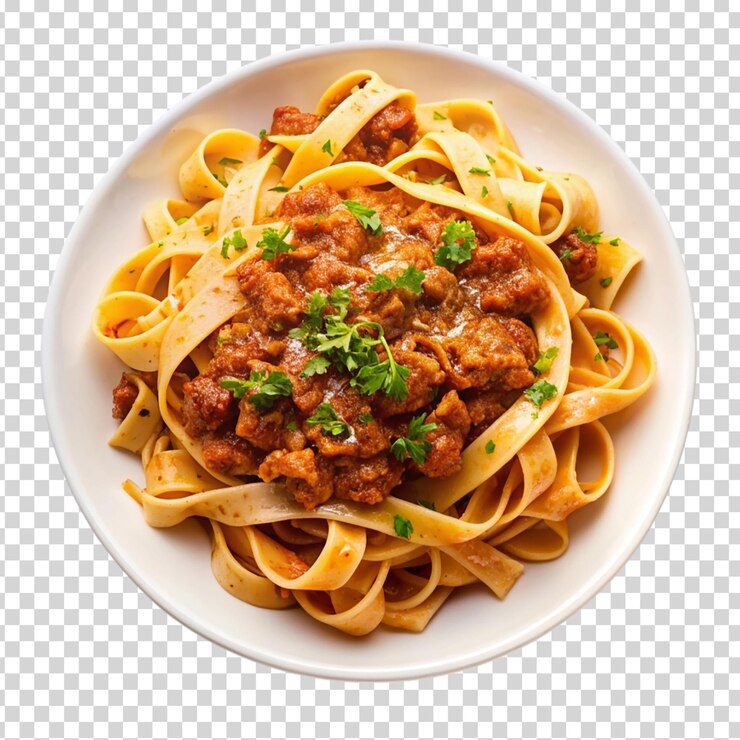 Un piatto di pasta con una salsa rossa e erbe verdi su uno sfondo trasparente