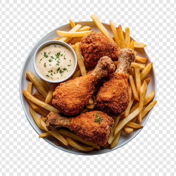 PSD un piatto di pollo e patatine fritte con un lato di dip