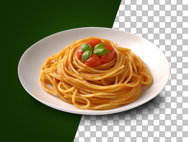 Un piatto di spaghetti con uno sfondo verde e trasparente