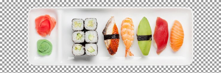 PSD un piatto di sushi con una varietà di rotoli su sfondo trasparente