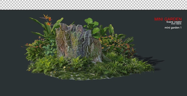 Un piccolo giardino con tronchi decorativi