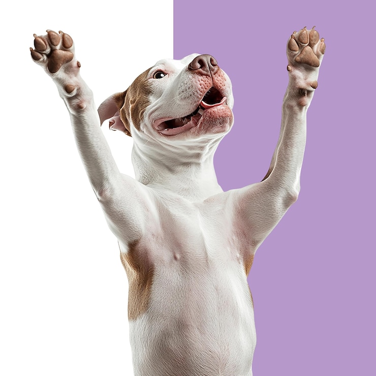 PSD un pit bull terrier americano bianco e marrone in piedi sulle zampe posteriori con le zampe anteriori sollevate isolato su uno sfondo bianco png