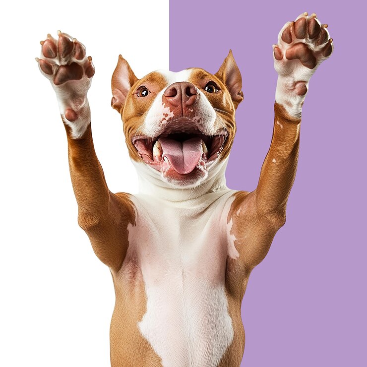 PSD un pit bull terrier americano bianco e marrone in piedi sulle zampe posteriori con le zampe anteriori sollevate isolato su uno sfondo bianco png