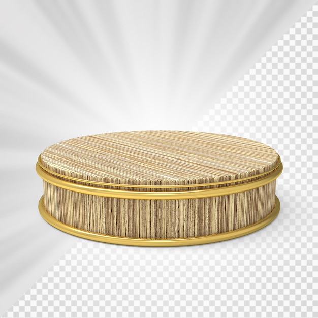 Un podio rotondo in legno con piano in oro e sfondo bianco.