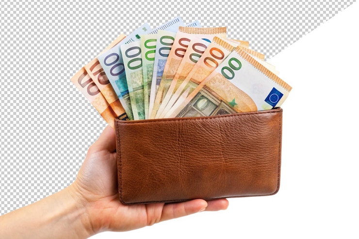 PSD un portafoglio con banconote in euro isolate su uno sfondo bianco