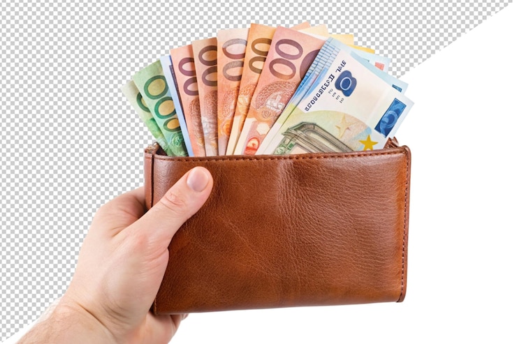 PSD un portafoglio con banconote in euro isolate su uno sfondo bianco