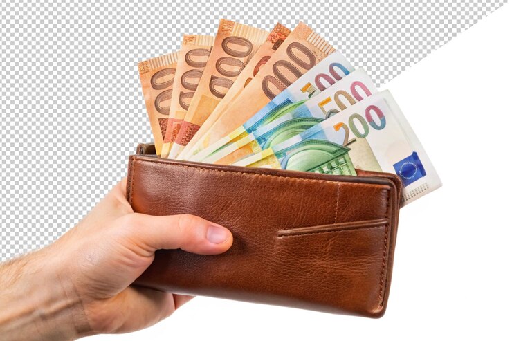 PSD un portafoglio con banconote in euro isolate su uno sfondo bianco