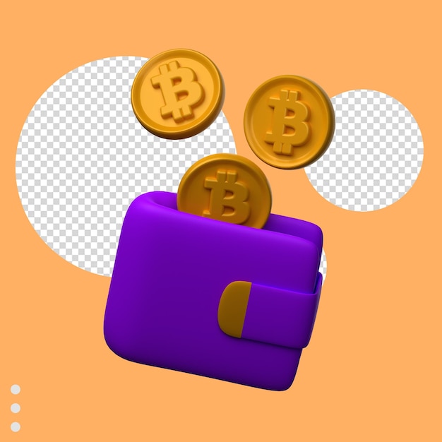 Un portafoglio viola con bitcoin all'interno dell'illustrazione 3d