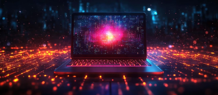 PSD un portatile con uno schermo luminoso circondato da un campo di luci luminose che rappresentano i dati e la connessione