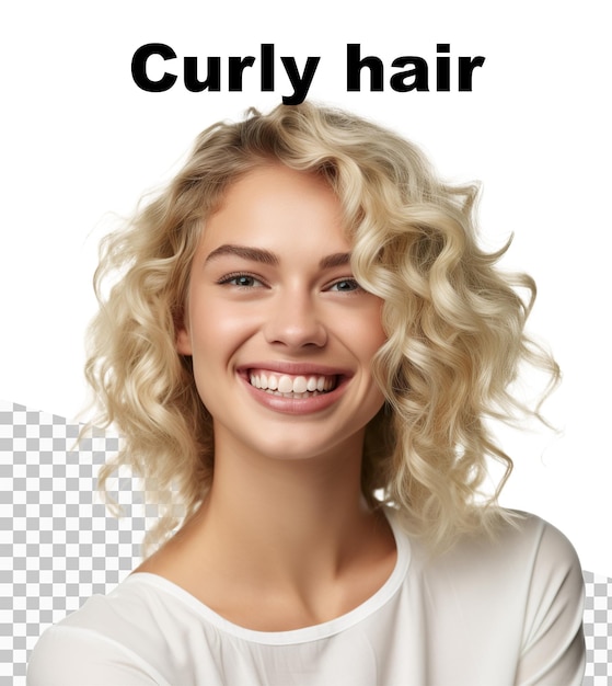 Un poster con una bellissima donna bionda dai capelli ricci che sorride con la scritta Capelli ricci
