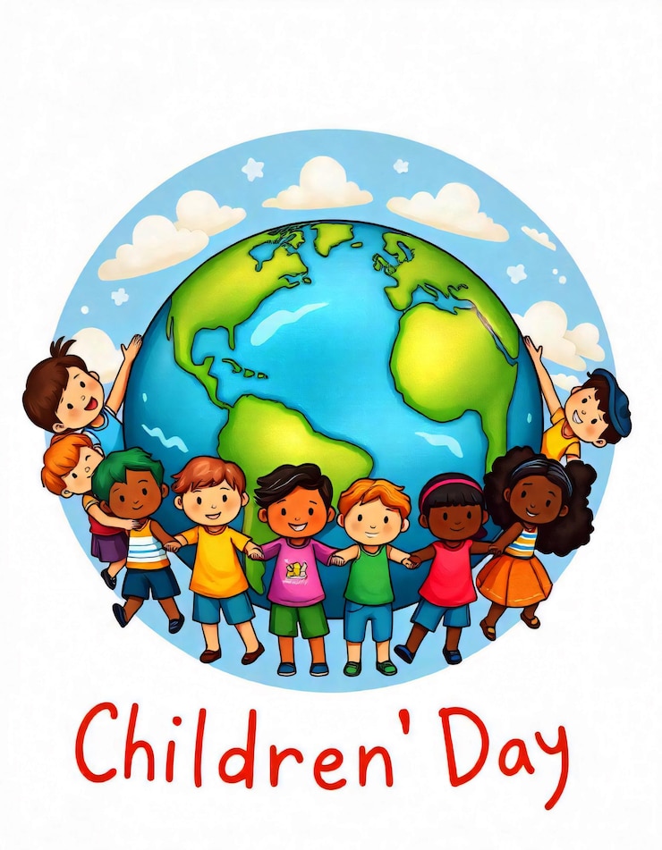 PSD un poster di bambini che si tengono per mano in tutto il mondo con le parole "giorno dei bambini"