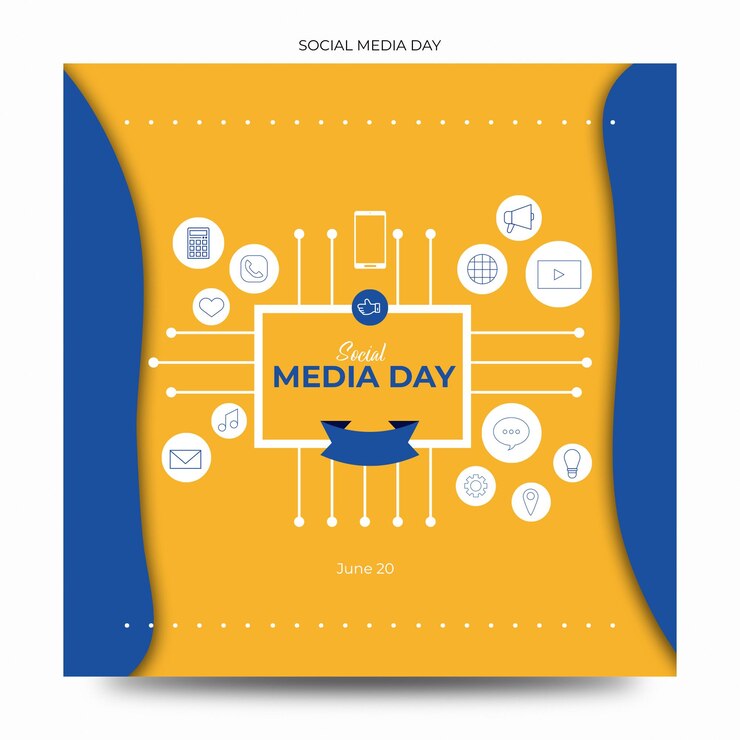 PSD un poster giallo e blu con la scritta social media day.