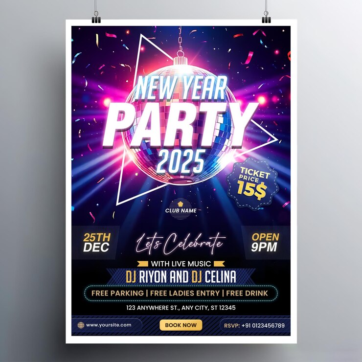 Un poster moderno per il disegno del modello del volantino della festa di Capodanno