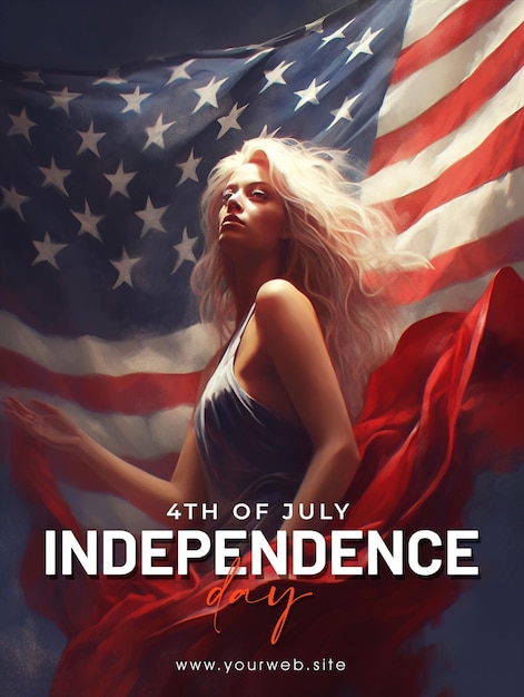 Un poster per il 4 luglio con una donna in abito e una bandiera americana sul fondo