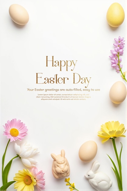 un poster per il giorno di Pasqua con fiori e un biglietto che dice felice Pasqua