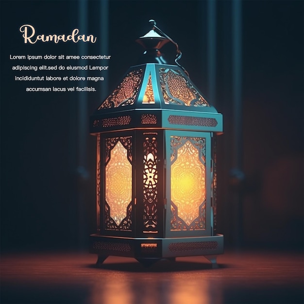 Un poster per il Ramadan con una lanterna blu al centro.