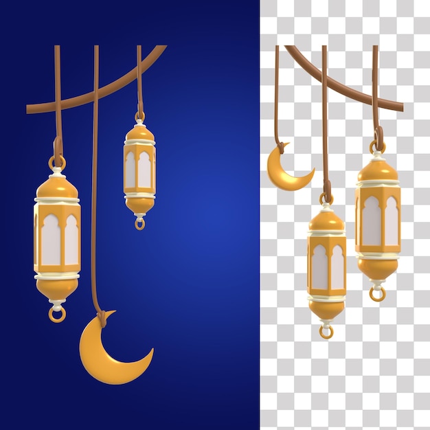 Un poster per il ramadan con una lanterna e la luna su sfondo blu.