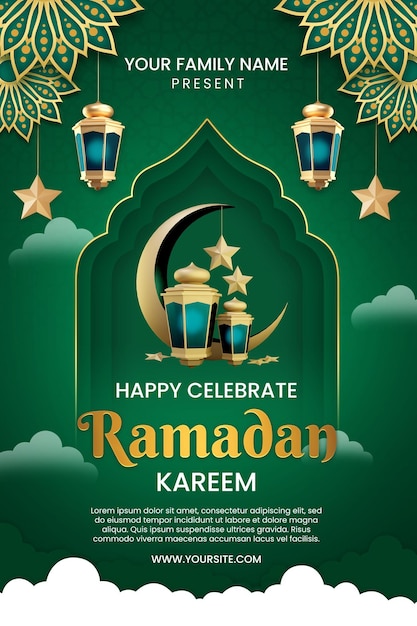 Un poster per il ramadan con uno sfondo verde e una lanterna verde con le parole happy celebrate ramadan.