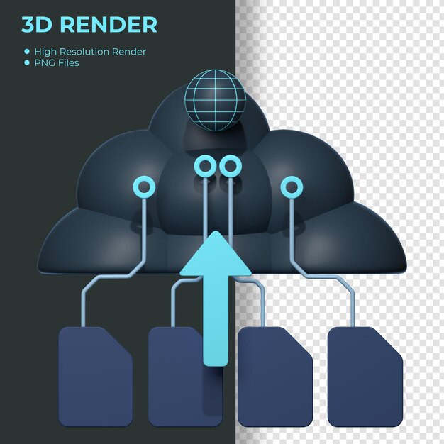 Un poster per il rendering 3d con una freccia blu rivolta verso l'alto.