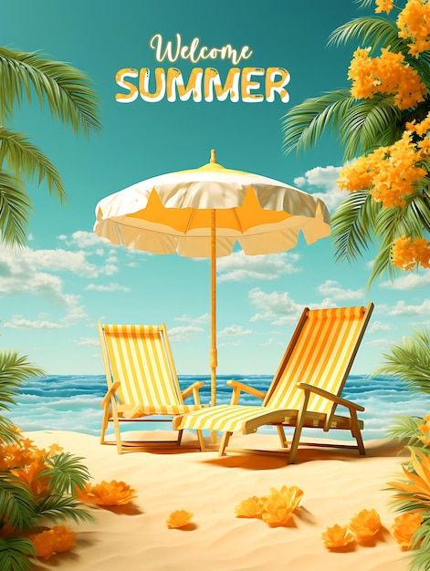 un poster per l'estate è mostrato con sedie e ombrelli