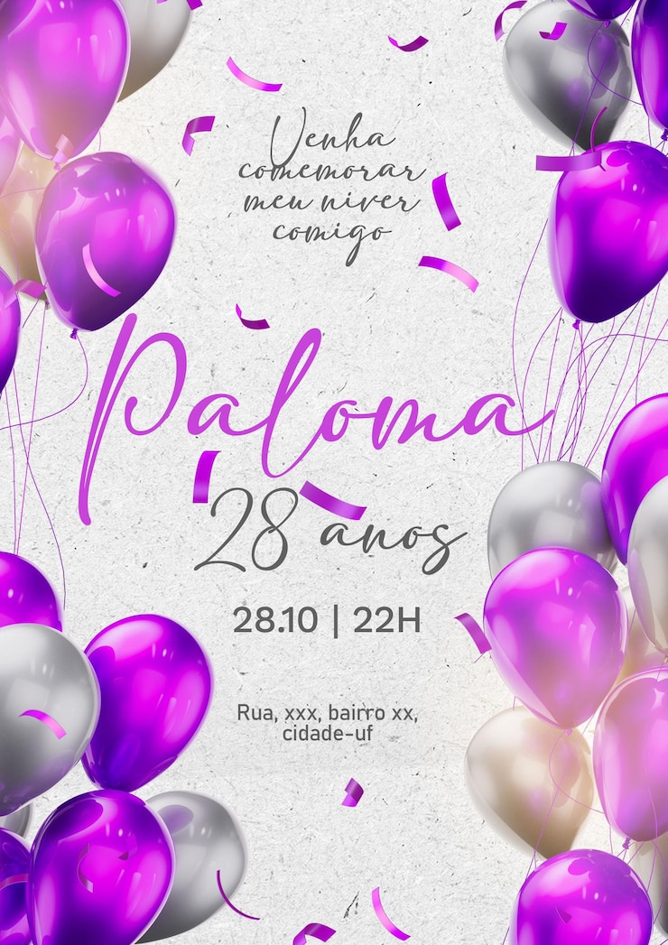 PSD un poster per l'evento di maggio 2005 con palloncini viola e uno sfondo bianco