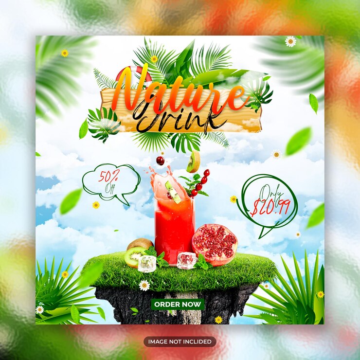 Un poster per la bevanda della natura con l'immagine di un cocktail e le parole "bevi ora".