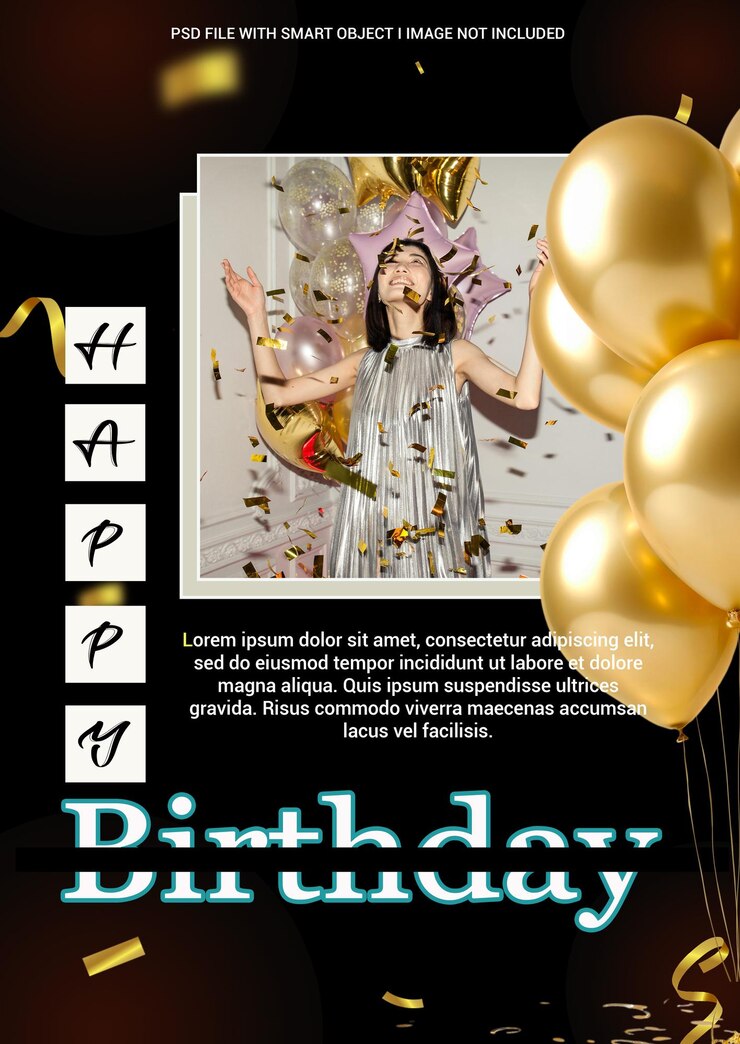 PSD un poster per la festa di compleanno con una donna che tiene dei palloncini