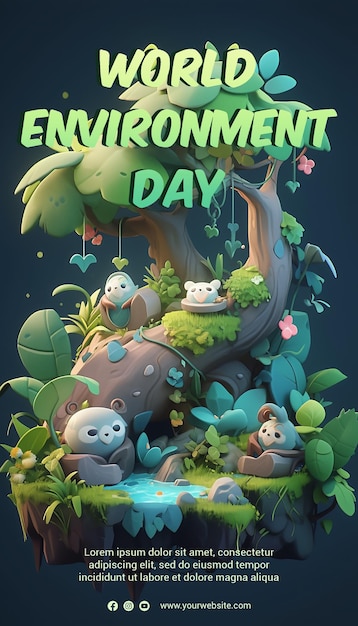 Un poster per la giornata dell'ambiente con un albero e degli orsi.