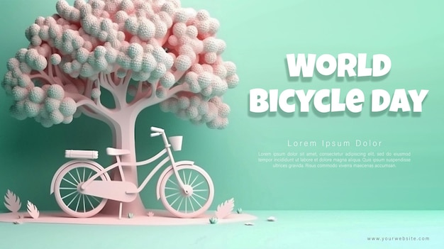 Un poster per la giornata mondiale della bicicletta con alberi e una bicicletta con testo oggetto intelligente modificabile