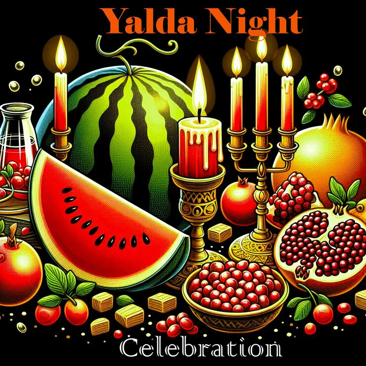 PSD un poster per la notte felice di yalda con una candela e frutta su di esso