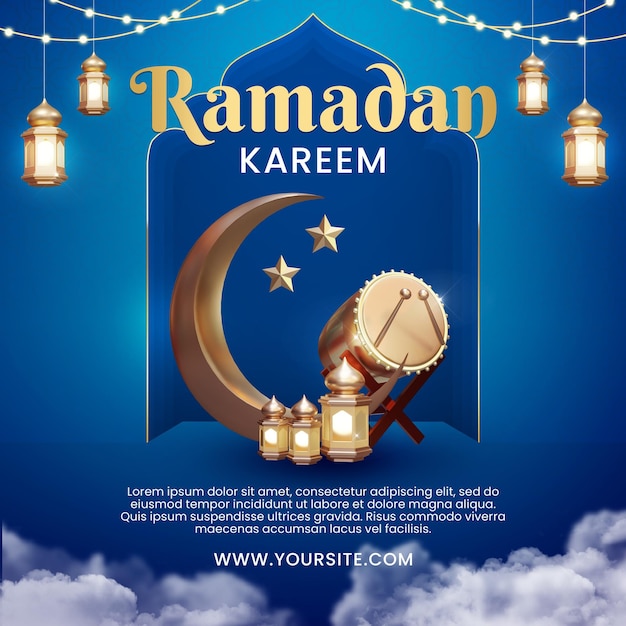 Un poster per Ramadan Kareem con luna e stelle.