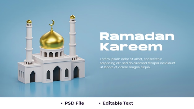 Un poster per ramadan kareem con una moschea bianca e un testo che dice file psd.