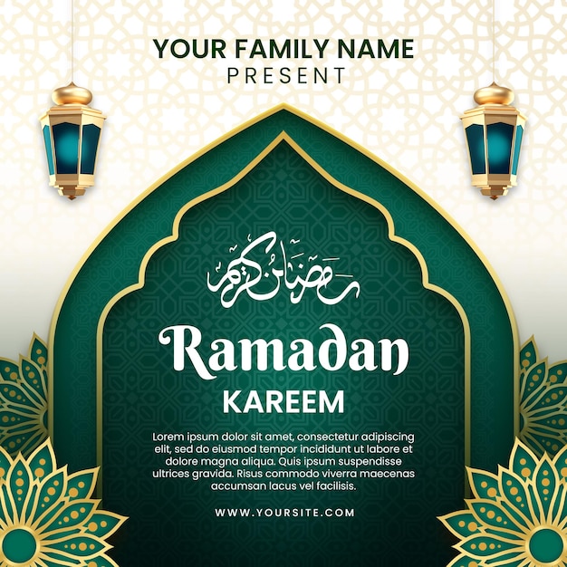 Un poster per ramadan kareem con uno sfondo verde e un testo dorato che dice ramadan.