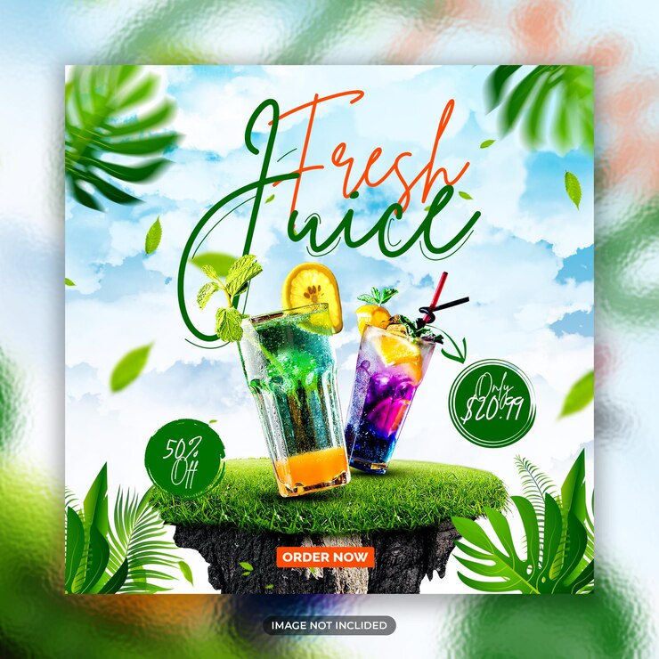 Un poster per succo fresco con uno sfondo verde e uno sfondo verde.