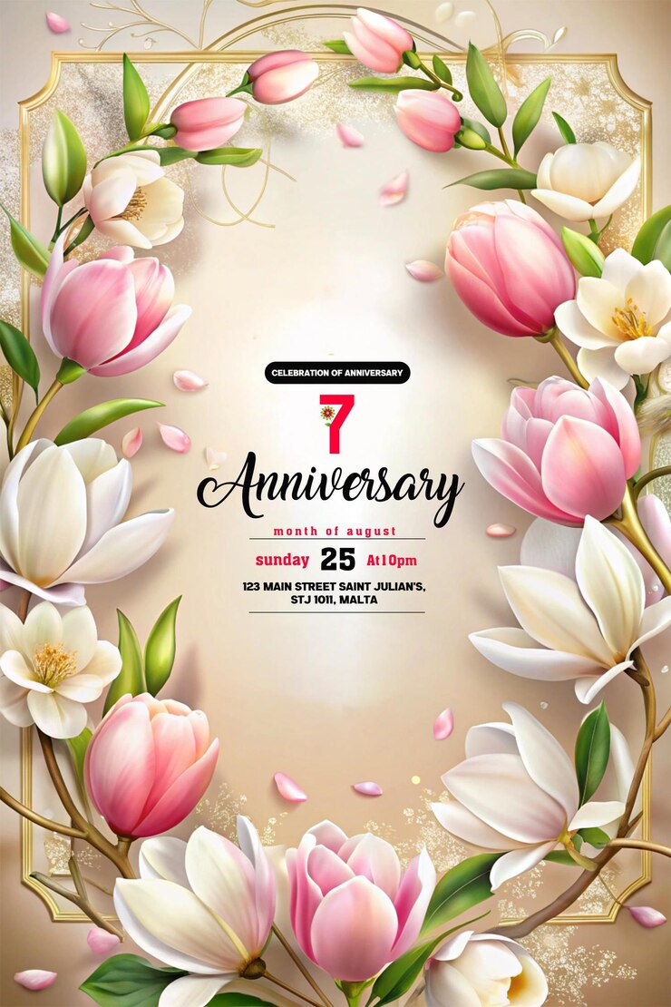 un poster per un anniversario con un fiore rosa e un fiore rosato
