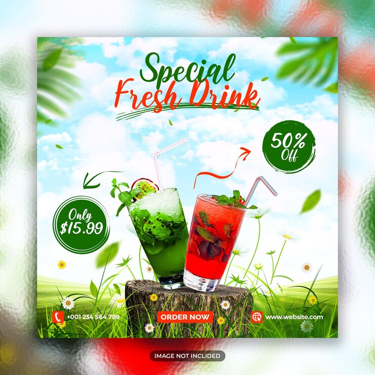 Un poster per una bevanda fresca speciale con fragole e menta.